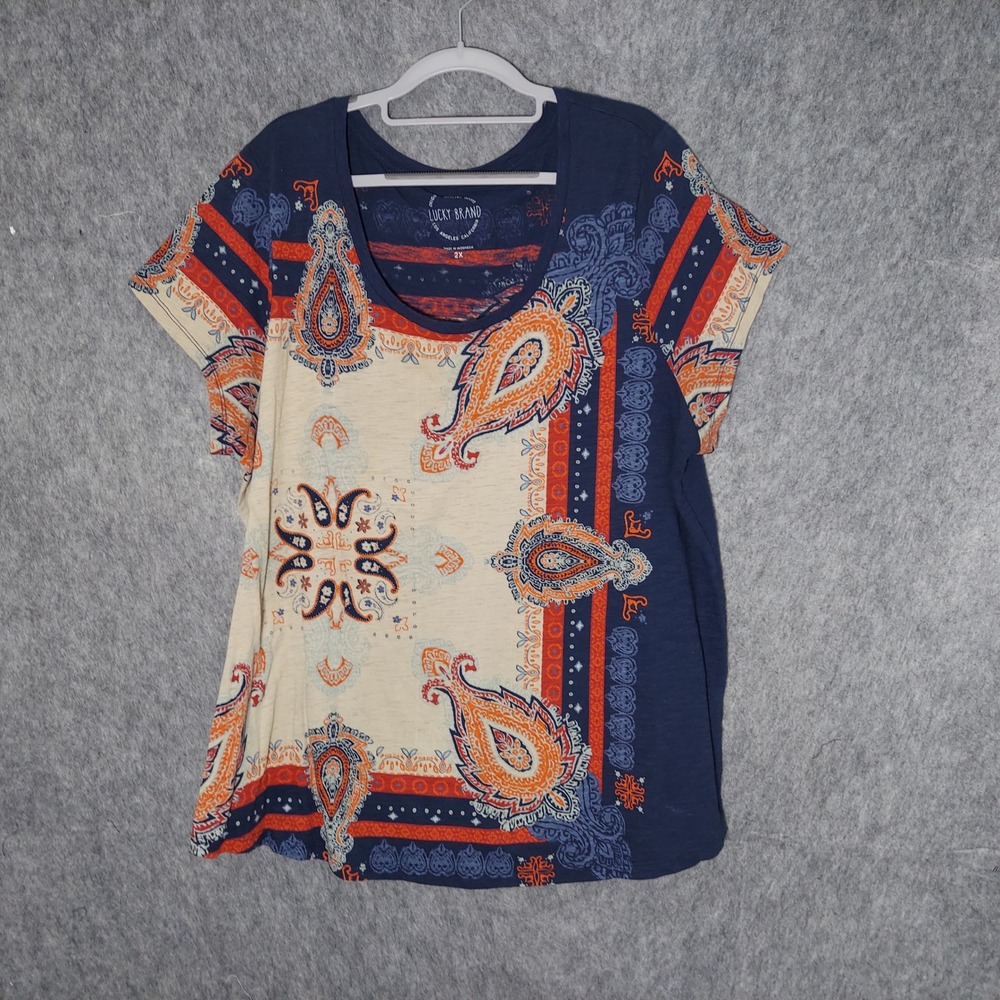Lucky Brand Women Cotton Top 2X Blue Bandanna Patchwork Southwestern Paisley